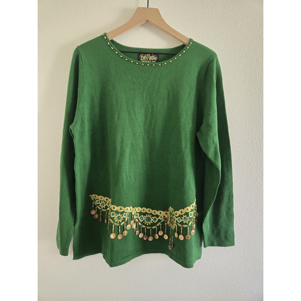 Bob Mackie Wearable Art XL Kelly Green Sweater Boho Artisan Coin Fringe Gypsy